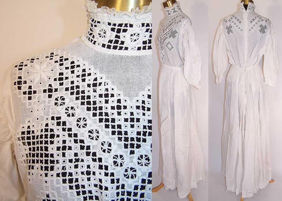 Edwardian Hardanger Embroidery Lace White Linen Blouse Skirt Dress