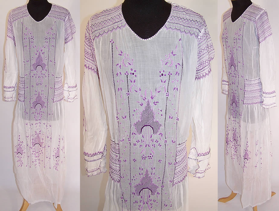 Vintage Purple & White Batiste Smocking Embroidered Drop Waist Peasant Dress
