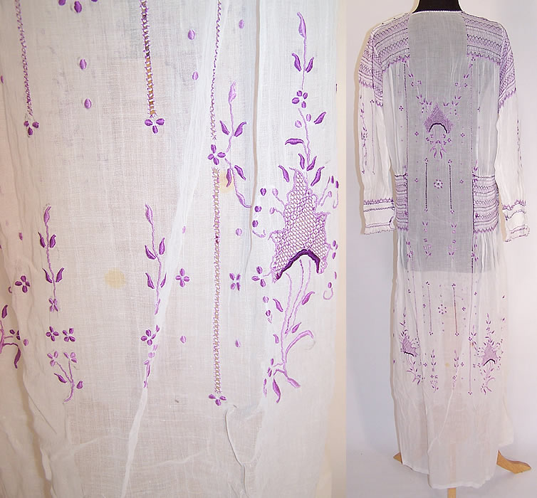 Vintage Purple & White Batiste Smocking Embroidered Drop Waist Peasant Dress
