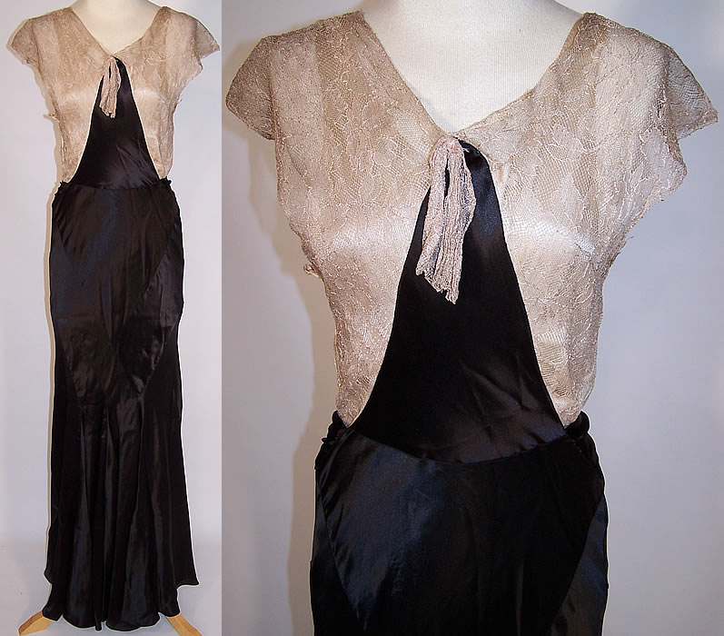 Vintage Ecru Lace Black Silk Satin Bias Cut Dress Evening Gown