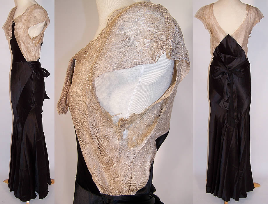 Vintage Ecru Lace Black Silk Satin Bias Cut Dress Evening Gown