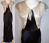 Vintage Ecru Lace Black Silk Satin Bias Cut Dress Evening Gown