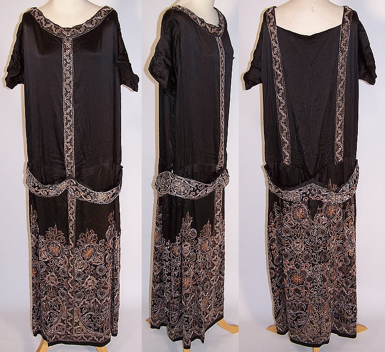 Art Deco Black Silk Gold Metallic Beaded Belted Drop Waist Flapper Dress