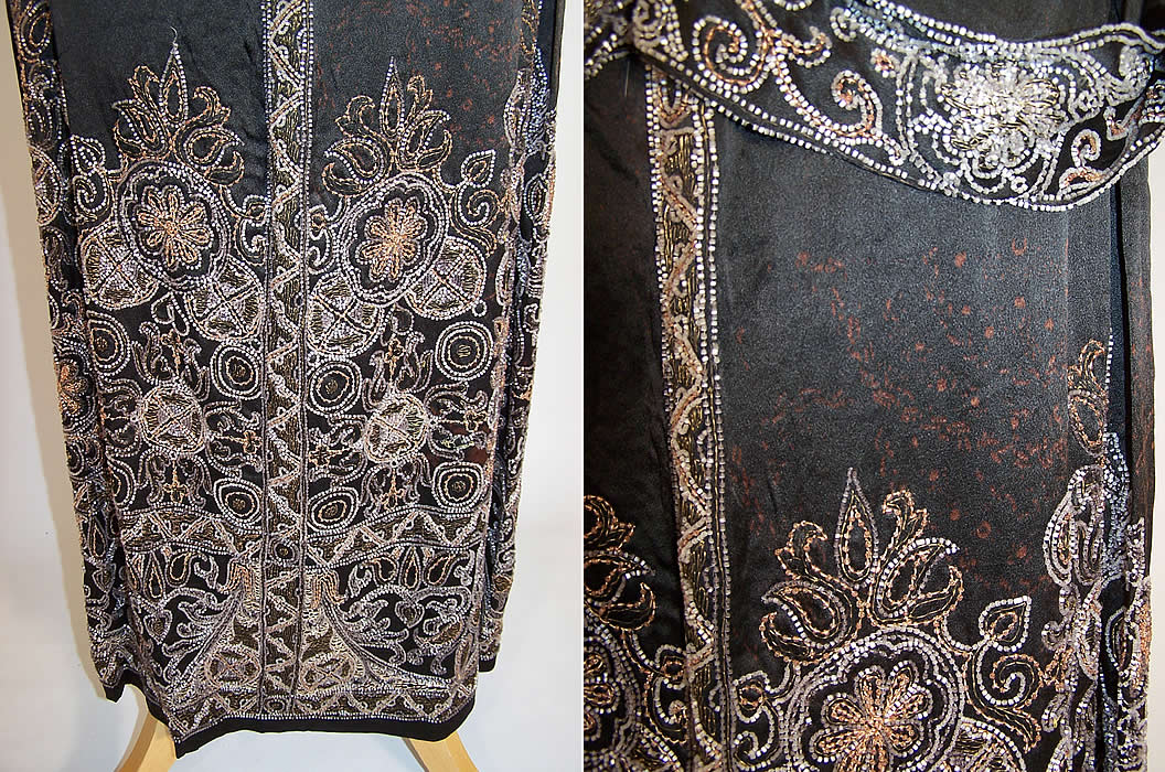 Art Deco Black Silk Gold Metallic Beaded Belted Drop Waist Flapper Dress close ups