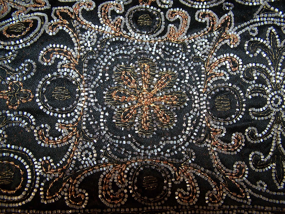 Art Deco Black Silk Gold Metallic Beaded Belted Drop Waist Flapper Dress beading close up.