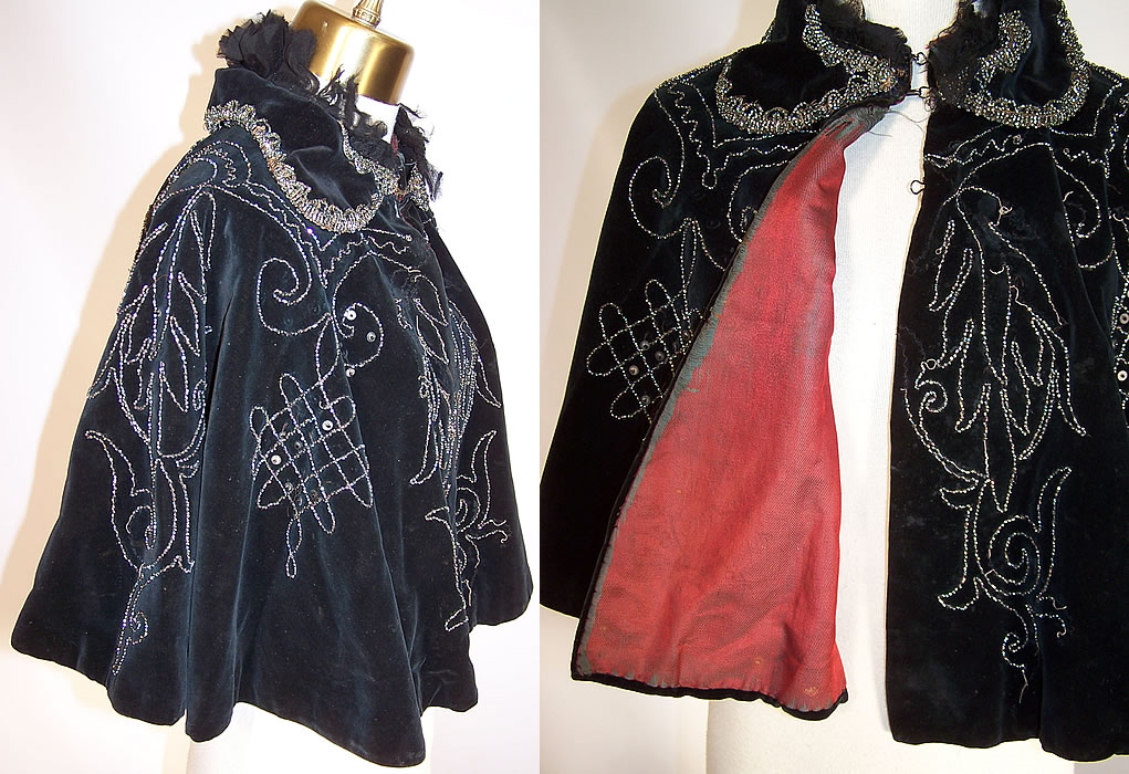 Victorian Black Velvet Green Beaded Evening Cloak Cape Capelet