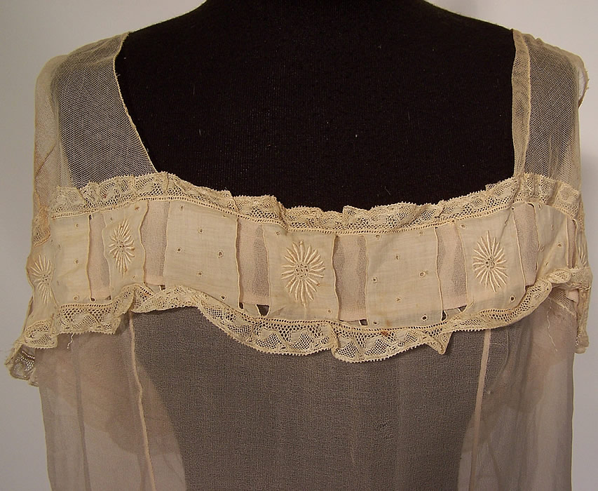Vintage White Embroidered Net Filet Lace Drop Waist Dress & Silk Slip