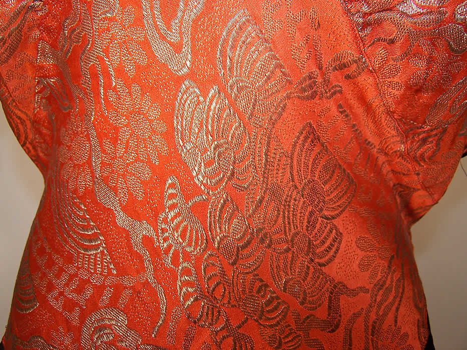 Art Deco Orange Lamé Gold Metallic Black Silk Bias Cut Belted Dress close up