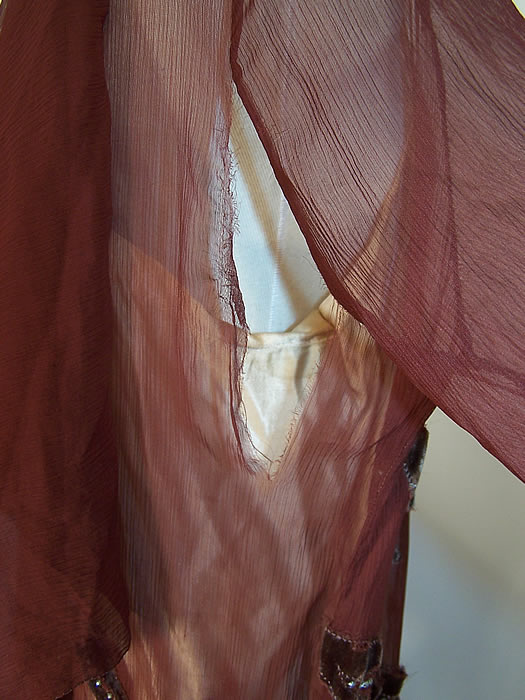 Vintage Brown Silk Chiffon Velvet Beaded Leaf Drop Waist Flapper Dress a frayed split under one arm 