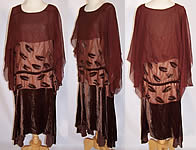 Vintage Brown Silk Chiffon Velvet Beaded Leaf Drop Waist Flapper Dress 