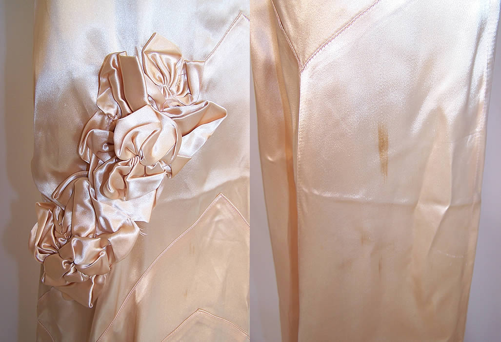 Vintage Cream Silk Satin Rosette Bias Cut Bridal Wedding Gown Dress
