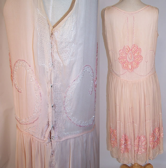 Vintage Pale Pink Silk Chiffon Velvet Rosette Applique Beaded Flapper Dress