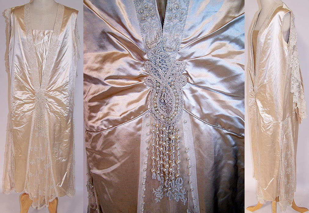 Vintage White Silk Beaded Bobbin Lace Wedding Dress Watteau Train Gown