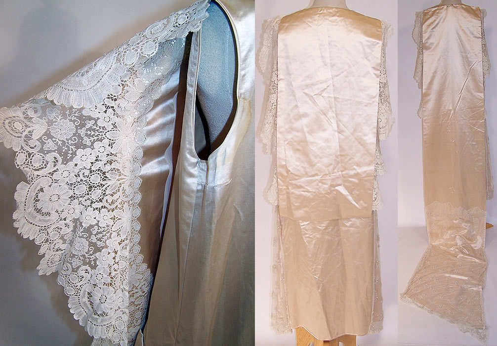 Vintage White Silk Beaded Bobbin Lace Wedding Dress Watteau Train Gown