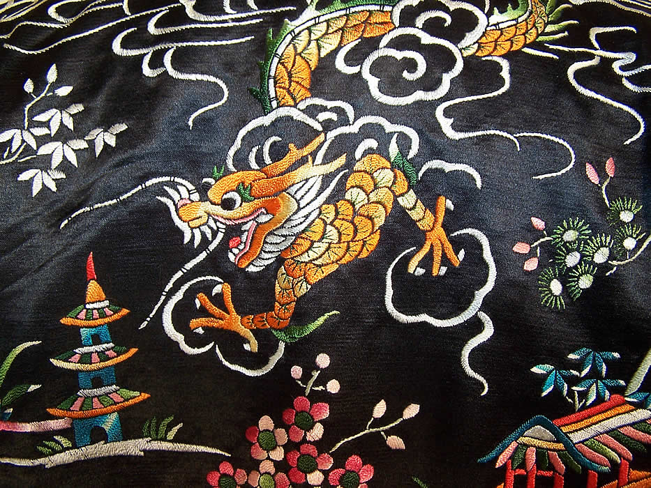 Vintage Chinese Figural Pheasant Dragon Silk Embroidered Jacket Coat close up.