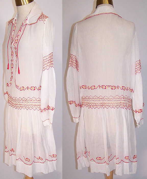 Vintage White Batiste Red & Yellow Smocking Embroidered Drop Waist Peasant Dress