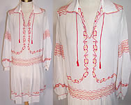 Vintage White Batiste Red & Yellow Smocking Embroidered Drop Waist Peasant Dress