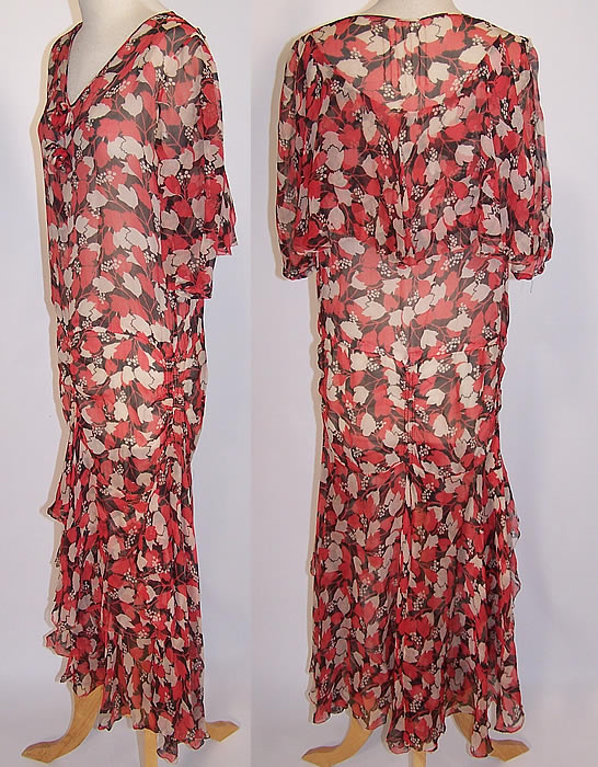 Vintage Red Black & White Berry Leaf Print Silk Chiffon Drop Waist Dress