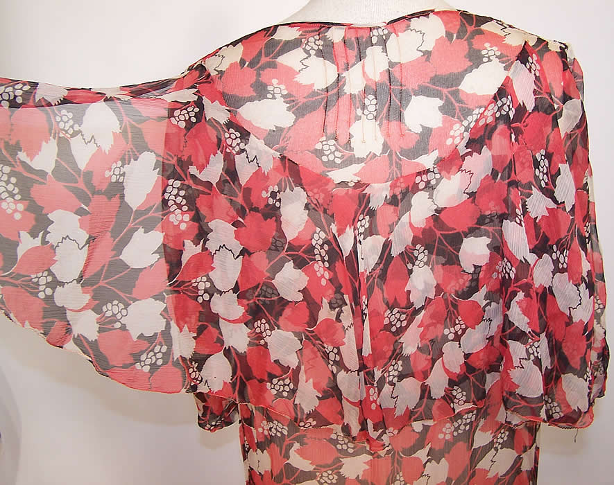 Vintage Red Black & White Berry Leaf Print Silk Chiffon Drop Waist Dress