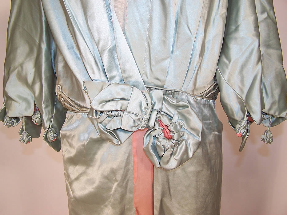 Vintage Blue & Pink Silk Satin Rosette Trim Negligee Peignoir Robe