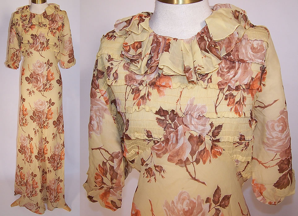 Vintage Yellow Silk Chiffon Rose Flower Print Bias Cut Dress Gown
