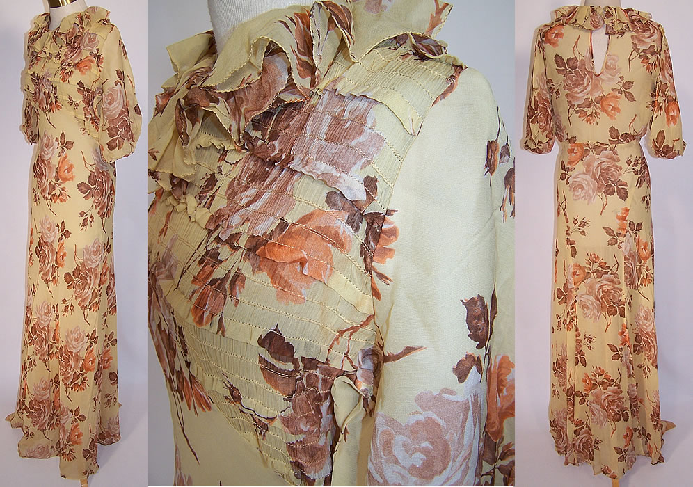 Vintage Yellow Silk Chiffon Rose Flower Print Bias Cut Dress Gown