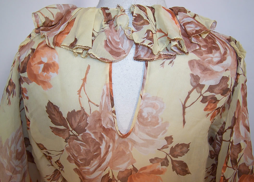 Vintage Yellow Silk Chiffon Rose Flower Print Bias Cut Dress Gown