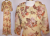 Vintage Yellow Silk Chiffon Rose Flower Print Bias Cut Dress Gown
