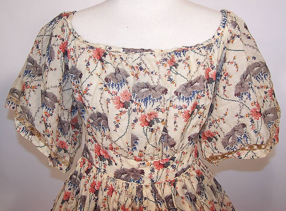 Victorian Floral Cherry Blossom Print Wool Challis Hoop Skirt Dress