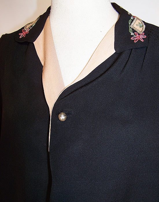 Vintage Black Silk Pink Embroidered Pleated Skirt Drop Waist Flapper Dress