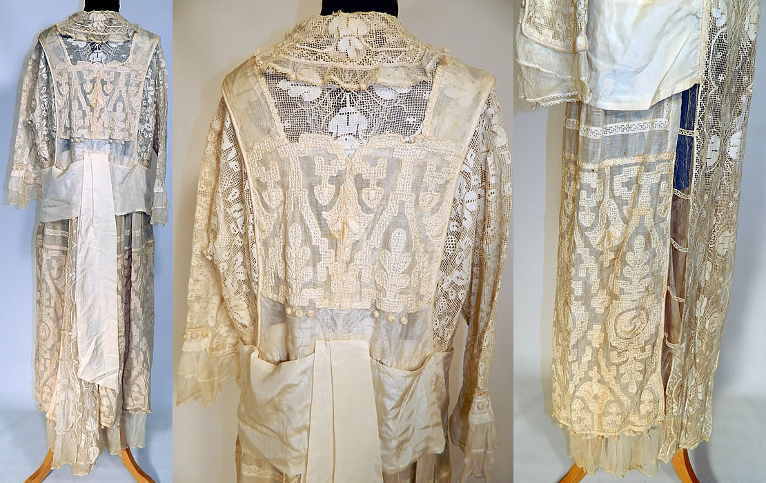 Vintage Cream Net Filet Lace Embroidered Drop Waist Wedding Dress