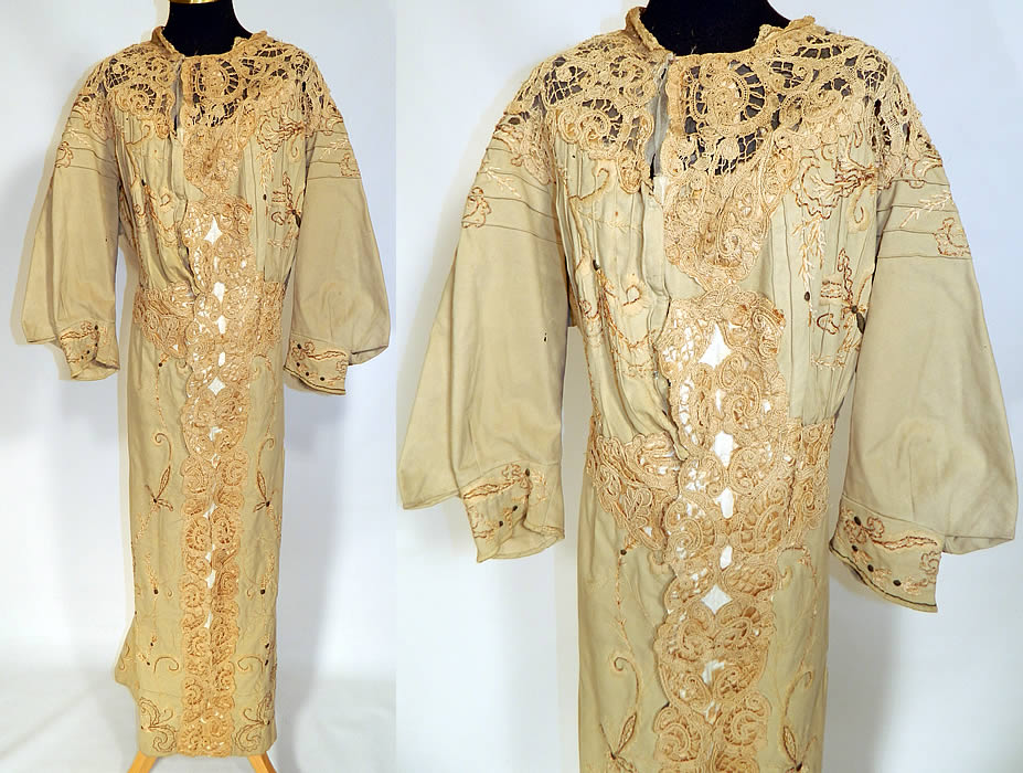 Edwardian Titanic Ecru Wool Chenille Gold Embroidered Lace Trim Dress