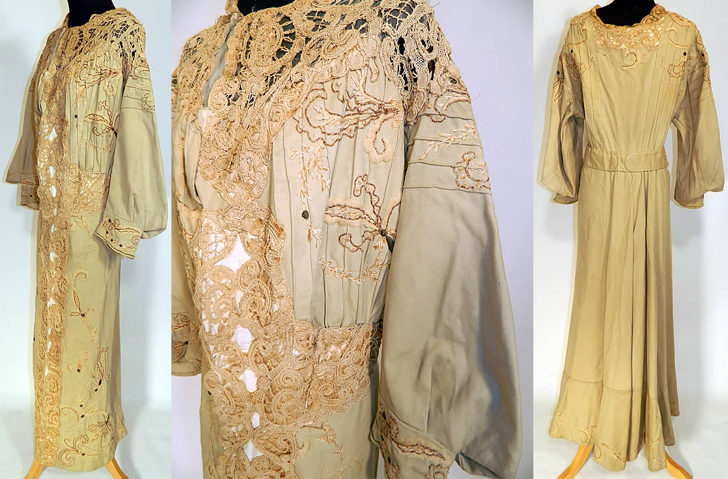 Edwardian Titanic Ecru Wool Chenille Gold Embroidered Lace Trim Dress
