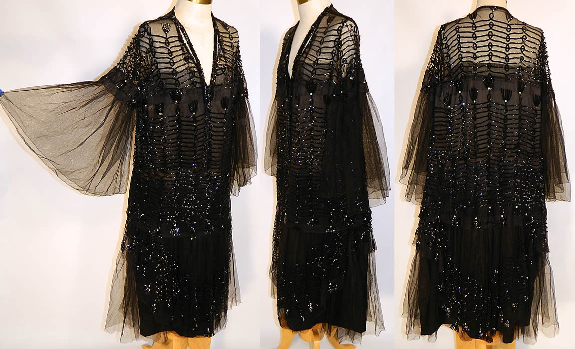 Vintage Black Net Sequin Rhinestone Beaded Flapper Drop Waist Dress