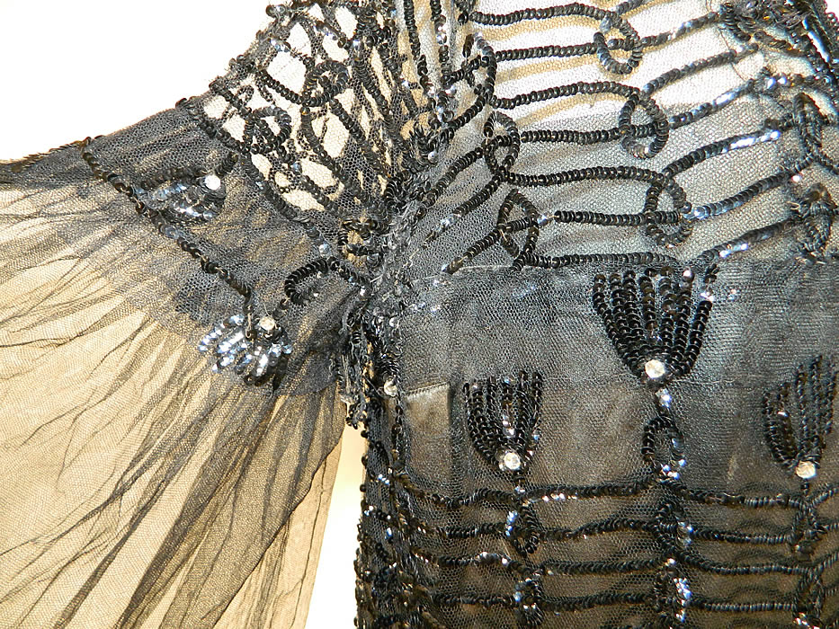 Vintage Black Net Sequin Rhinestone Beaded Flapper Drop Waist Dress