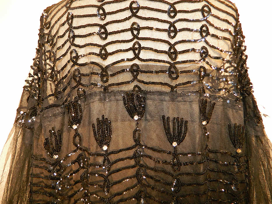 Vintage Black Net Sequin Rhinestone Beaded Flapper Drop Waist Dress
