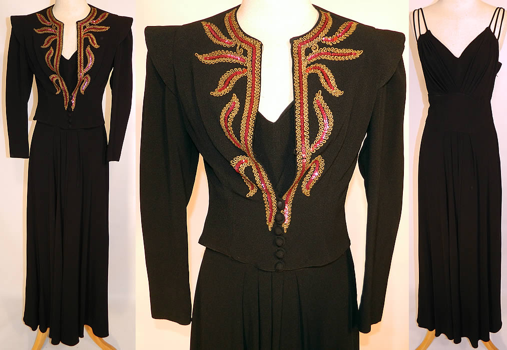 Vintage Black Silk Crepe Evening Gown & Pink Sequin Beaded Gold Trim Jacket