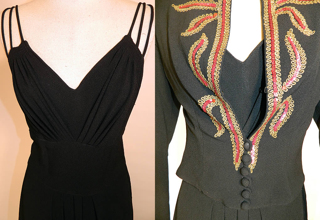 Vintage Black Silk Crepe Evening Gown & Pink Sequin Beaded Gold Trim Jacket
