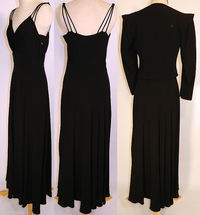 Vintage Black Silk Crepe Evening Gown & Pink Sequin Beaded Gold Trim Jacket