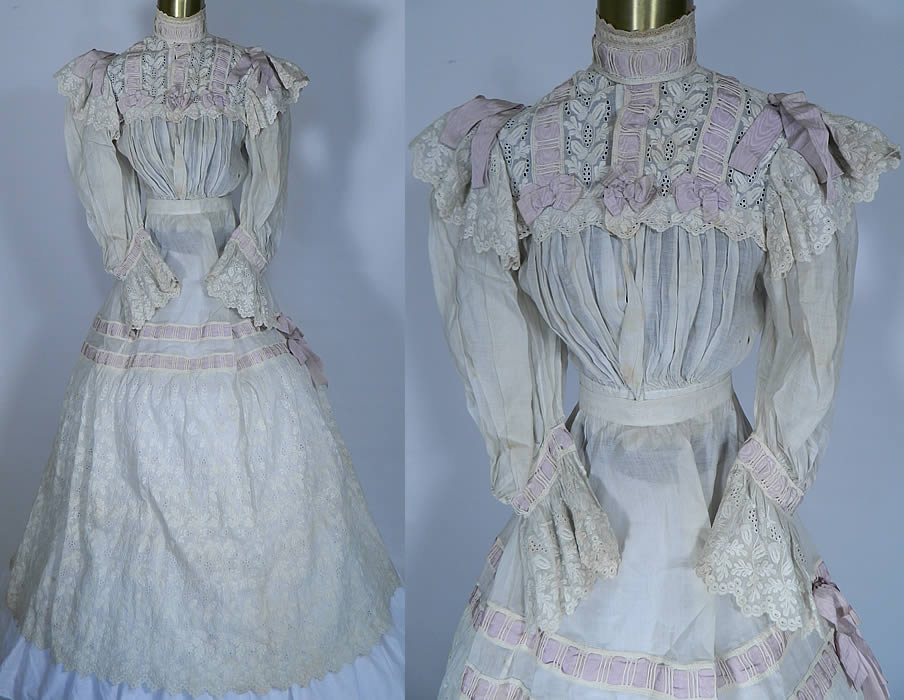 Victorian White Batiste Acorn Embroidered Lace Blouse Skirt Morning Dress