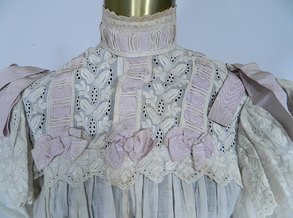 Victorian White Batiste Acorn Embroidered Lace Blouse Skirt Morning Dress