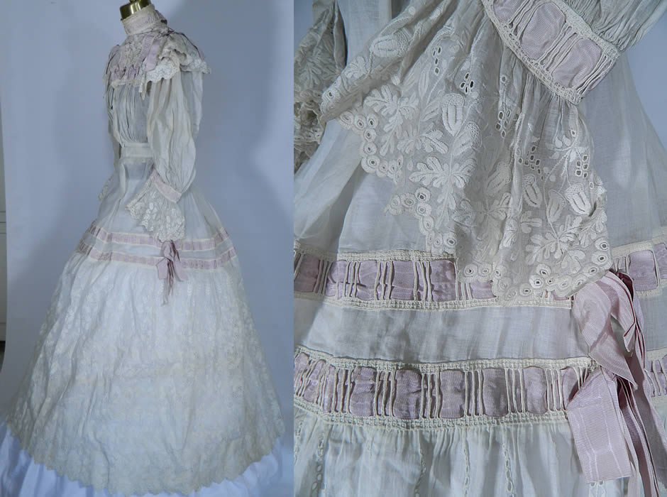 Victorian White Batiste Acorn Embroidered Lace Blouse Skirt Morning Dress