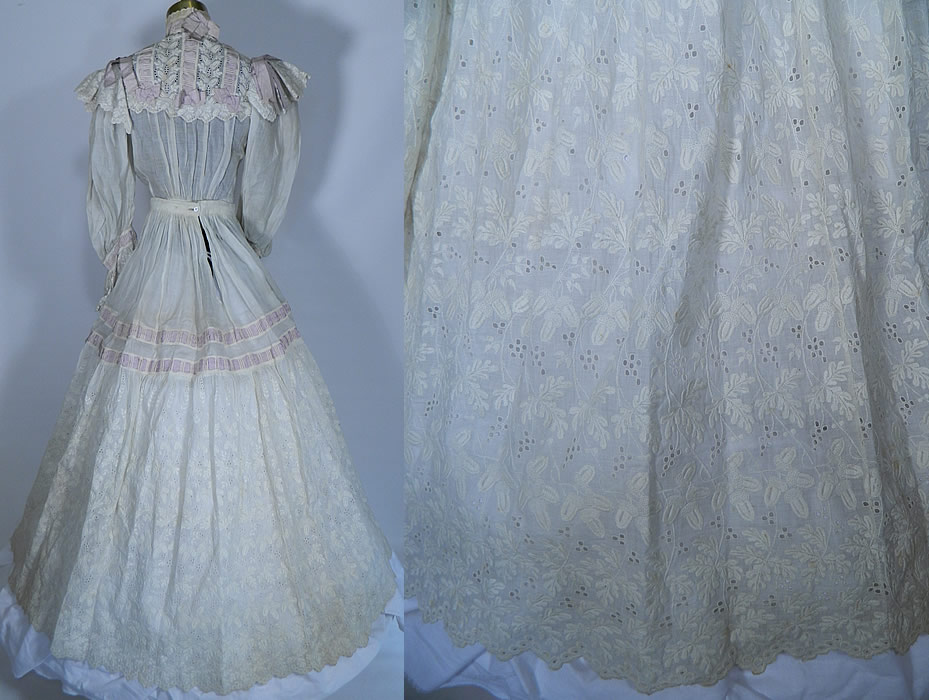 Victorian White Batiste Acorn Embroidered Lace Blouse Skirt Morning Dress