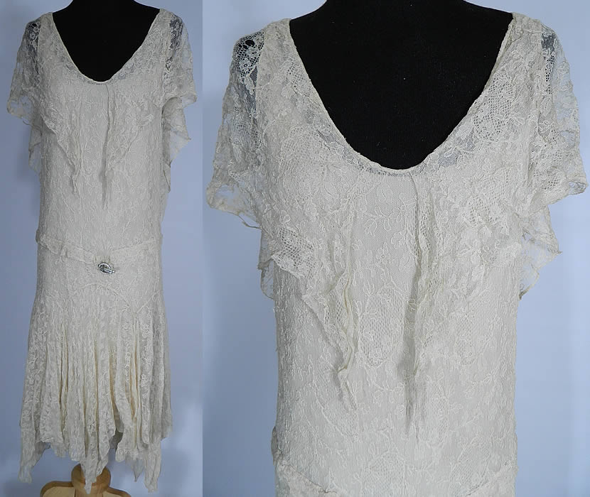 Vintage White Chantilly Lace Handkerchief Hem Drop Waist Flapper Dress