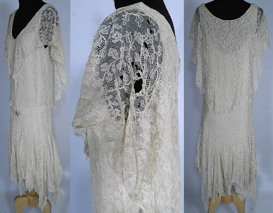 Vintage White Chantilly Lace Handkerchief Hem Drop Waist Flapper Dress