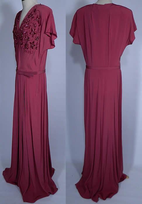 Vintage DuBarry Raspberry Rose Silk Crepe Sequin Beaded Belted Evening Gown Dress