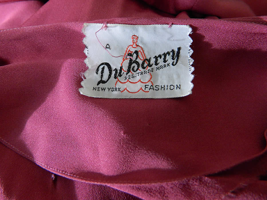 Vintage DuBarry Raspberry Rose Silk Crepe Sequin Beaded Belted Evening Gown Dress label close up.