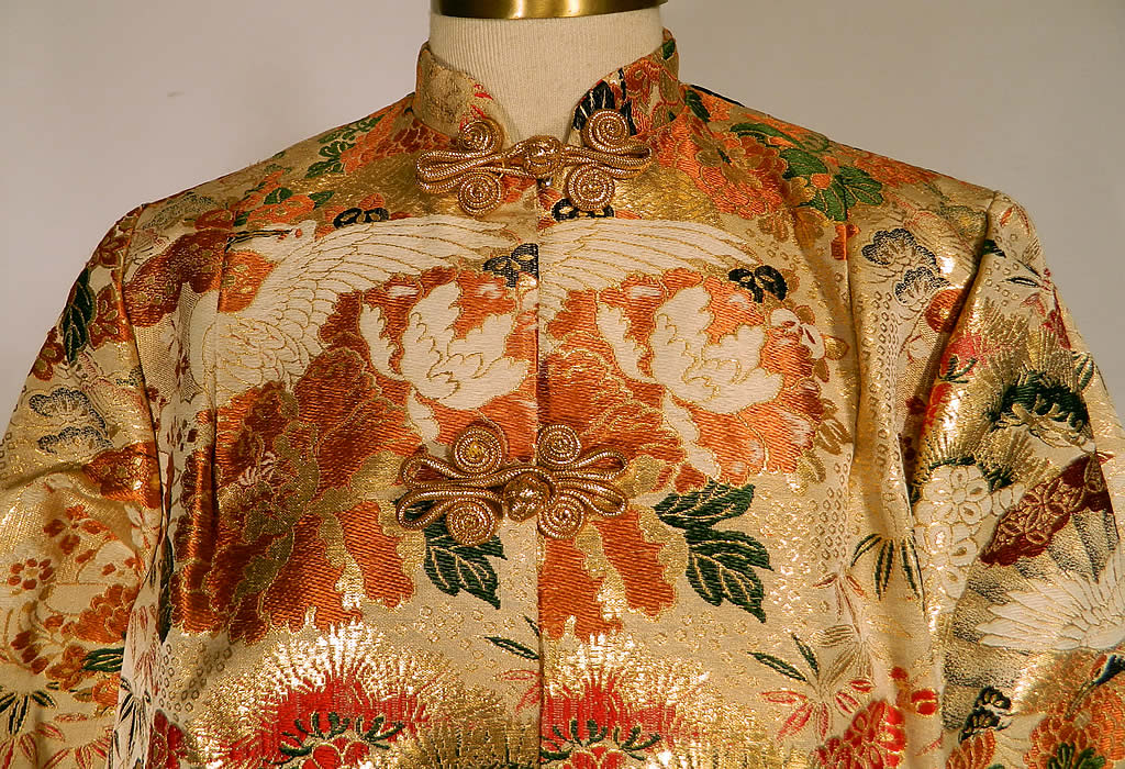 Vintage Maui Sportswear Hawaii Japanese Crane Gold Silk Lamé Obi Jacket 