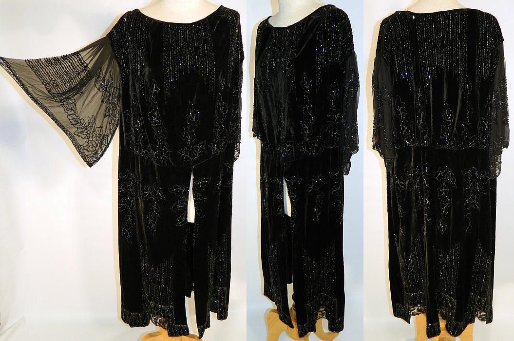 Art Deco Black Velvet Jet Beaded Drop Waist Tunic Flapper Dress