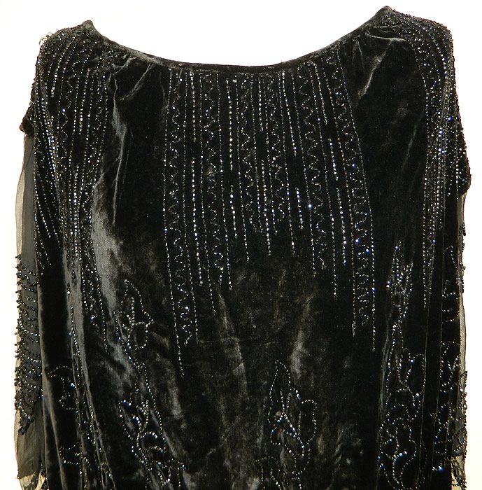 Art Deco Black Velvet Jet Beaded Drop Waist Tunic Flapper Dress